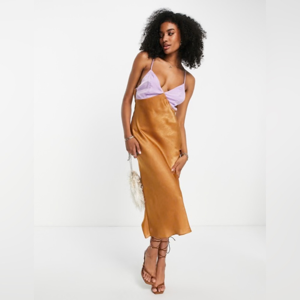NWOT ASOS DESIGN Satin Midi Lace-Up Back Dress in Camel & Lilac - Never Worn!